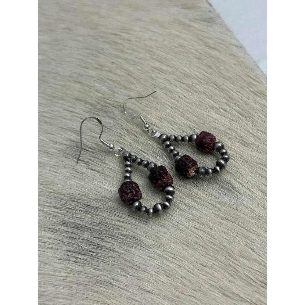 Native American Sterling Silver 8mm Purple Spiny Navajo Pearl Hoop Earrings